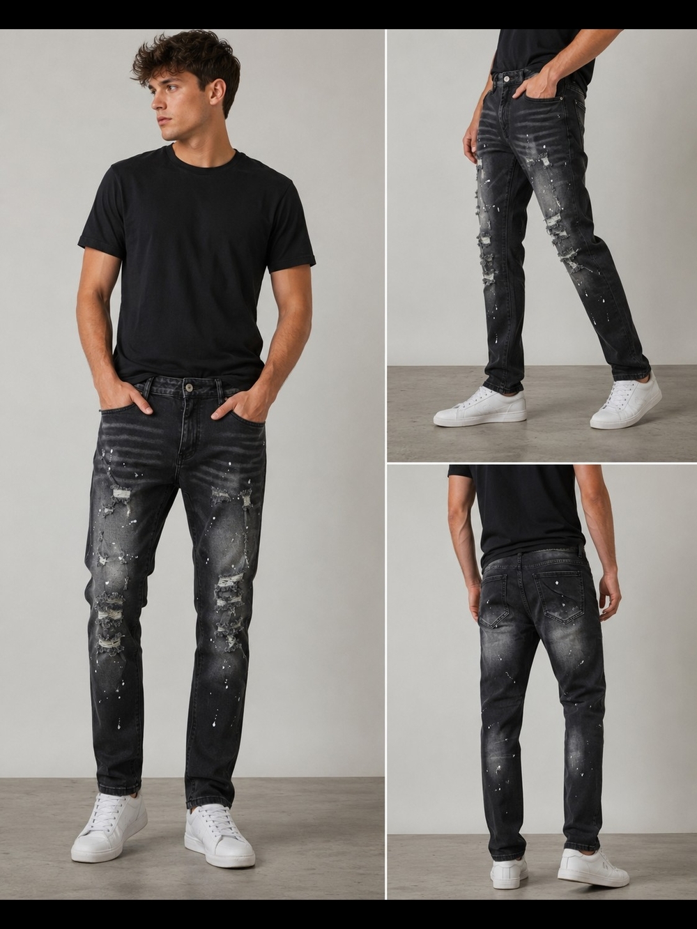 NFINITY Men's Black Slim-Straight Distressed Jeans with Paint Detail